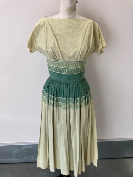 N/L, Lime Green, Green, Cream, Cotton, Abstract , S/S,  Abstract Detail, Off The Shoulder CF Darts, Pleats At Skirt, CB Zipper