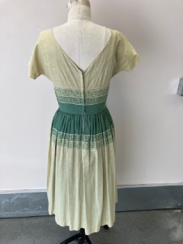Womens, Dress, N/L, Lime Green, Green, Cream, Cotton, Abstract , W24, B34, S/S,  Abstract Detail, Off The Shoulder CF Darts, Pleats At Skirt, CB Zipper