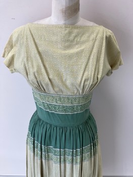Womens, Dress, N/L, Lime Green, Green, Cream, Cotton, Abstract , W24, B34, S/S,  Abstract Detail, Off The Shoulder CF Darts, Pleats At Skirt, CB Zipper