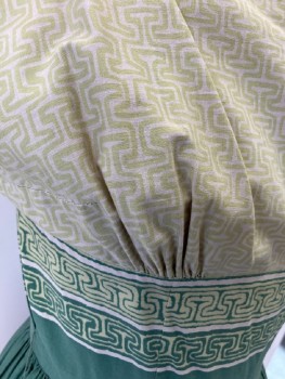 N/L, Lime Green, Green, Cream, Cotton, Abstract , S/S,  Abstract Detail, Off The Shoulder CF Darts, Pleats At Skirt, CB Zipper