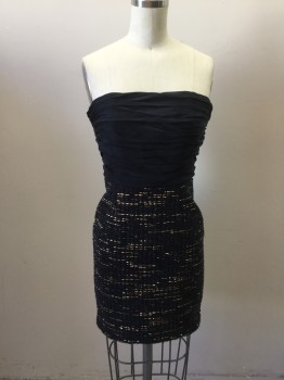 ALICE & OLIVIA, Navy Blue, Gold, Silk, Synthetic, Solid, Heathered, Strapless Cocktail Dress. Navy Rushed Silk Upper with Navy & Gold Textured Tweed Skirt