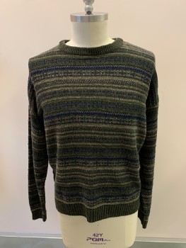 Mens, Sweater, JANTZEN, Dk Green, Dk Blue, Acrylic, Rayon, Stripes, L, CN, Beige Details