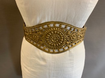 Unisex, Historical Fiction Belt, N/L, Gold, Metallic/Metal, Medallion Pattern, O/S, 3 Piece with Cut Out Detail, Leather Lace In Back,