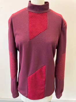 MTO, Red Burgundy, Polyester, Textured Fabric, L/S, Mock Neck, Pique & Multiple Texture Insets, CB Zip & Hook & Eye