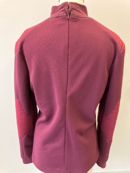 Womens, Sci-Fi/Fantasy Top, MTO, Red Burgundy, Polyester, Textured Fabric, 40, L/S, Mock Neck, Pique & Multiple Texture Insets, CB Zip & Hook & Eye