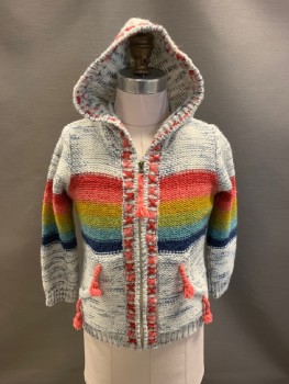 Childrens, Sweater, MIMI & MAGGIE, Gray, Navy Blue, Wool, Acrylic, Stripes, 5, Hood, Zip Front, "X" Stitch Along Closure, 2 Pckts, Red, Pink, Yellow, Light Blue & Navy Horizontal Stripes, Salmon Color Tassels