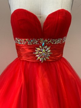 STAR BOX, Cherry Red, Polyester, Nylon, Solid, Strapless, Sweetheart Neckline, Tulle Top Layer, Satin Waist Band With Multi Color Gems, With Matching Shawl