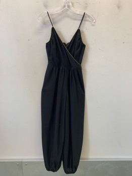 Womens, Jumpsuit, NO LABEL, Black, Gold, Nylon, Rayon, Solid, W24, B32, H34, Spaghetti Strap, V Neck, Crossover, Gold Trim, Scrunched Ankle Band, Back Zipper,