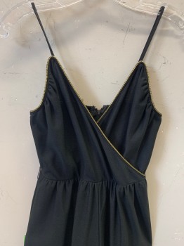Womens, Jumpsuit, NO LABEL, Black, Gold, Nylon, Rayon, Solid, W24, B32, H34, Spaghetti Strap, V Neck, Crossover, Gold Trim, Scrunched Ankle Band, Back Zipper,