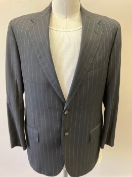 POLO RALPH LAUREN, Charcoal Gray, Lt Gray, Wool, Stripes - Vertical , 2 Btns, SB. Notched Lapel, 2 Flap Pkts, 1 Pkt On Chest, Vented Back, *Small Hole On Left Slv