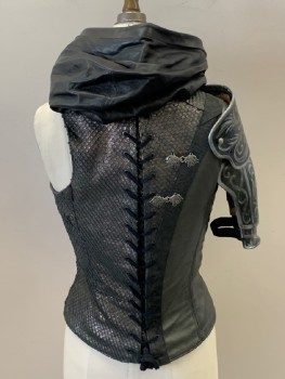 Womens, Sci-Fi/Fantasy Piece 1, MTO, Black, Pewter Gray, Silver Metallic, Gray, Leather, Synthetic, Reptile/Snakeskin, Solid, W:28+, B:34+, Vest, Round Neck,  Leather Diagonal Lacing Across Chest, Leather with Raised Stitching  Detail On Right Side, 6 Front Embellished Metal Hook & Eye Detail, 2 Peice Leather  Armor Right Sleeve With Painted Scroll Design, 2 Back Embellished Metal Hook & Eye Detail, Back Lacing Closure