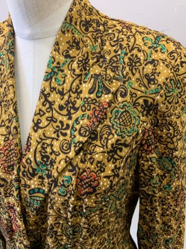 Womens, 1940s Vintage Piece 2, EISENBERG ORIGINALS, Dijon Yellow, Black, Green, Red, Silk, Synthetic, Floral, Abstract , Blazer, 1 Self Button, Rounded Lapel, Velvet Pockets, Key Hole for Dress Bow,