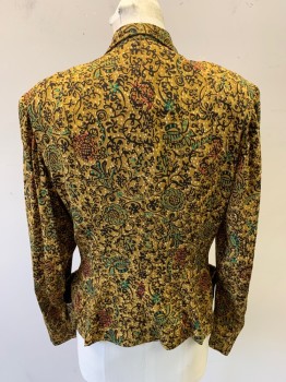 Womens, 1940s Vintage Piece 2, EISENBERG ORIGINALS, Dijon Yellow, Black, Green, Red, Silk, Synthetic, Floral, Abstract , Blazer, 1 Self Button, Rounded Lapel, Velvet Pockets, Key Hole for Dress Bow,