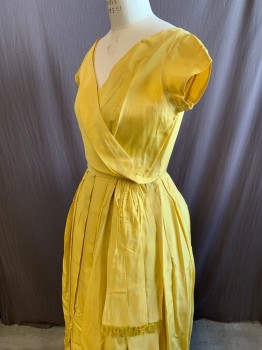 EMMA DOMB, Mustard Yellow, Synthetic, V-neck, Cap Sleeve, A-Line, Pleated Skirt, Attached Sash with Fringe at Waist, Zip Back, Floor Length