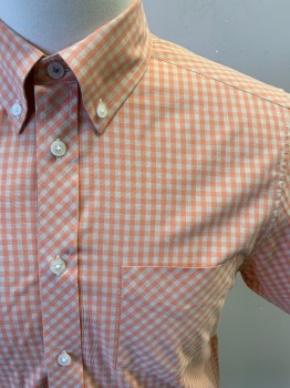 Mens, Casual Shirt, BEN SHERMAN, Orange, Beige, Cotton, Plaid, S, Short Sleeves, Button Front, 7 Buttons, Button Down Collar, Chest Pocket, Back Box Pleat, Locker Loop, Small Leather Label on Side Seam