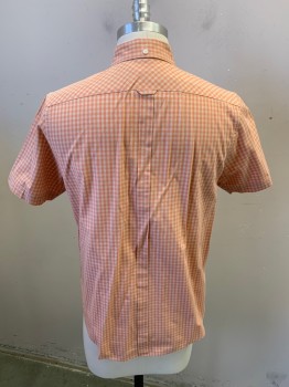 Mens, Casual Shirt, BEN SHERMAN, Orange, Beige, Cotton, Plaid, S, Short Sleeves, Button Front, 7 Buttons, Button Down Collar, Chest Pocket, Back Box Pleat, Locker Loop, Small Leather Label on Side Seam