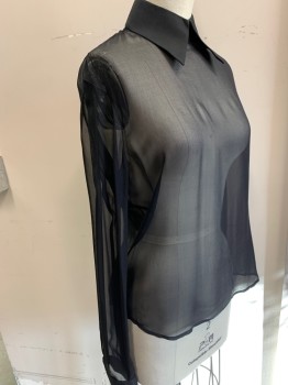 Womens, Blouse, N/L, Black, Silk, Solid, S, Sheer, Chiffon, Long Sleeves, Collar Attached, Buttons Up Back, Multiple, Small Hole in Back...