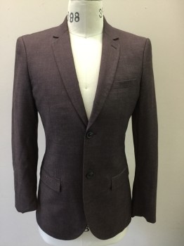 Mens, Suit, Jacket, TOPMAN, Aubergine Purple, Polyester, Viscose, Heathered, 32/32, 38S, Single Breasted, Collar Attached, Notched Lapel, 2 Buttons,  3 Pockets,