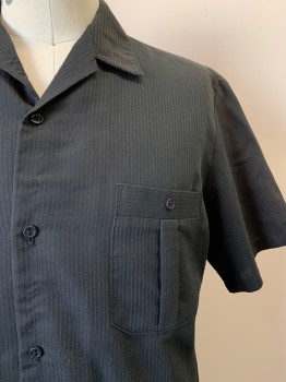 Mens, Casual Shirt, TRIUMPH, Black, Charcoal Gray, Polyester, Cotton, Stripes - Vertical , C: 48, L, S/S, B.F., C.A., Pleated Chest Pockets
