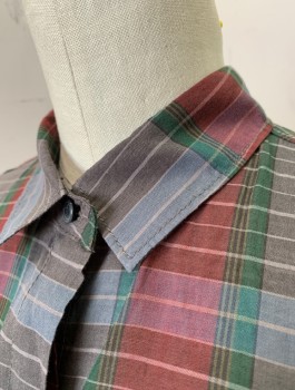 MADEWELL, Dk Gray, Maroon Red, Forest Green, Lt Blue, Cotton, Plaid, Lightweight/Sheer Fabric, S/S, Button Front, Collar Attached, 1 Pocket, Oversized/Boxy Fit, Vents at Side Hems
