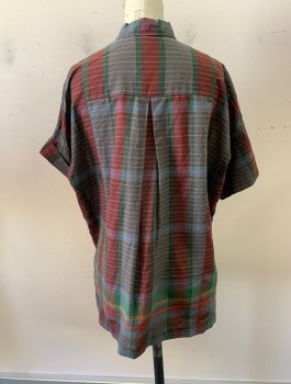 MADEWELL, Dk Gray, Maroon Red, Forest Green, Lt Blue, Cotton, Plaid, Lightweight/Sheer Fabric, S/S, Button Front, Collar Attached, 1 Pocket, Oversized/Boxy Fit, Vents at Side Hems