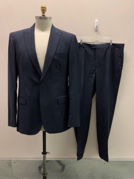 Morovati Uomo, Navy Blue, Wool, Solid, Single Breasted, Peaked Lapel, 3 Pockets, Stitch Trim Detail