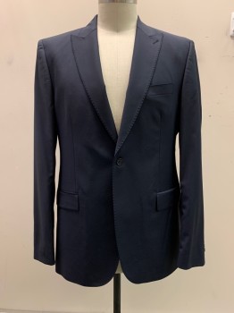 Morovati Uomo, Navy Blue, Wool, Solid, Single Breasted, Peaked Lapel, 3 Pockets, Stitch Trim Detail