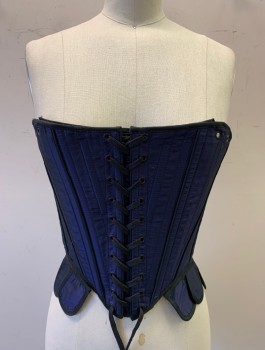 N/L, Midnight Blue, Silk, Solid, Taffeta, Black Piping, Boned, Lace Up In Front And Back, Tabs At Waist