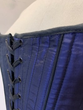Womens, Historical Fiction Corset, N/L, Midnight Blue, Silk, Solid, W22-26, Taffeta, Black Piping, Boned, Lace Up In Front And Back, Tabs At Waist