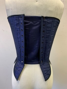 Womens, Historical Fiction Corset, N/L, Midnight Blue, Silk, Solid, W22-26, Taffeta, Black Piping, Boned, Lace Up In Front And Back, Tabs At Waist