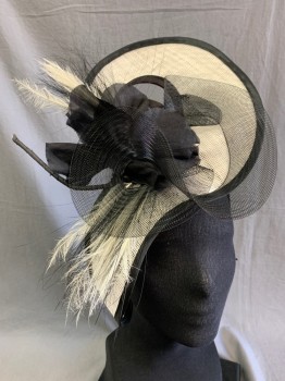 Womens, Fascinator, N/L, Black, White, Straw, Horsehair, Headband Based, Feathers & Silk Flowers
