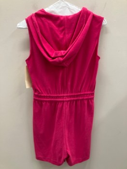 Womens, Romper, N/L, Hot Pink, Polyester, Solid, M, Zip Front, With Hood, Sleeveless, Elastic Waist Band With Double D String, Slant Pockets, Shorts
