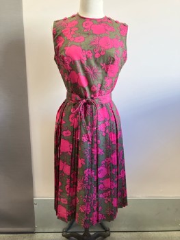 N/L, Olive with Pink Floral Outlined In Black, CN, Slvls, Self Covered Button Detail At Shoulders, Pleated Skirt, Belt Loops, MATCHING BELT, Back Zip,