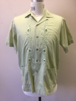TESORO'S, Lt Green, Green, White, Poly/Cotton, Solid, Novelty Pattern, Traditional Vintage Guayabera  Cuban Shirt..light Green Poly Cotton with  Hand Embroidery of Farmers and Scarecrow  at Front at Button Opening, 4 Pockets, Short Sleeves,