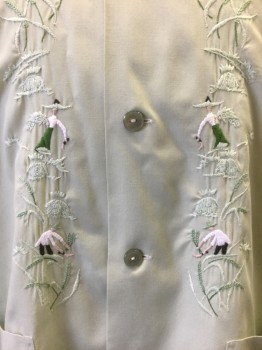 TESORO'S, Lt Green, Green, White, Poly/Cotton, Solid, Novelty Pattern, Traditional Vintage Guayabera  Cuban Shirt..light Green Poly Cotton with  Hand Embroidery of Farmers and Scarecrow  at Front at Button Opening, 4 Pockets, Short Sleeves,