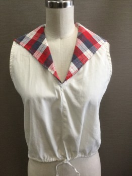 Womens, Blouse, GUARANTEED WASHABLE, White, Red, Slate Blue, Cotton, Solid, Plaid, B:34, Solid White with Slate Blue/Red/White Plaid Sailor Collar, Sleeveless, V-neck, Boxy Fit with Cropped Length, Drawstring at Hem, **Has Some Small Stains in Back