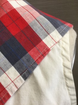 GUARANTEED WASHABLE, White, Red, Slate Blue, Cotton, Solid, Plaid, Solid White with Slate Blue/Red/White Plaid Sailor Collar, Sleeveless, V-neck, Boxy Fit with Cropped Length, Drawstring at Hem, **Has Some Small Stains in Back
