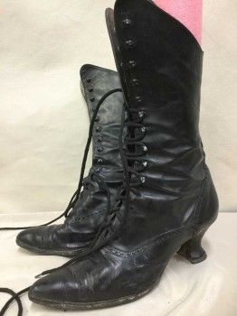 Peter Fox, Black, Leather, Solid, Mid Calf, Lacing/Ties, Cap Toe, 2" Stack Court Heel, Good Condition