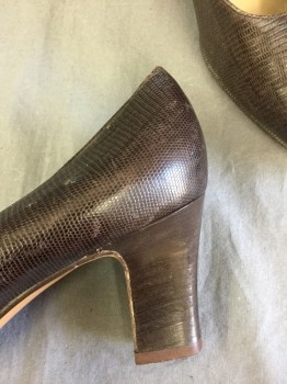 Womens, Shoes, FERRAGAMO, Brown, Leather, Reptile/Snakeskin, 8.5, Pumps, Dark Brown Snakeskin Texture, Oval Toe, 2.5" Heel,