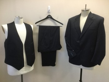 MAYEU, Navy Blue, Wool, Polyester, Solid, Navy with Navy Lining, Notched Lapel, Single Breasted, 2 Button Front, Long Sleeves, 3 Pockets, 1 Split Back Center Hem, with Matching Pants & Vest