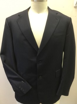 MAYEU, Navy Blue, Wool, Polyester, Solid, Navy with Navy Lining, Notched Lapel, Single Breasted, 2 Button Front, Long Sleeves, 3 Pockets, 1 Split Back Center Hem, with Matching Pants & Vest