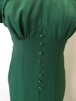 Womens, Dress, Short Sleeve, STOP STARING, Green, Polyester, Rayon, Solid, XS, (double) Green, Round V-neck, with Self Diagonal Gathered/folded Strips to Under Arm Holes, Puffy Short Sleeves, with 3 Cover Buttons, Chevron Bodice with 8 Matching Cover Buttons Front Center, Below Knee Mermaid Flair Bottom, Zip Back,