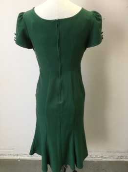 Womens, Dress, Short Sleeve, STOP STARING, Green, Polyester, Rayon, Solid, XS, (double) Green, Round V-neck, with Self Diagonal Gathered/folded Strips to Under Arm Holes, Puffy Short Sleeves, with 3 Cover Buttons, Chevron Bodice with 8 Matching Cover Buttons Front Center, Below Knee Mermaid Flair Bottom, Zip Back,