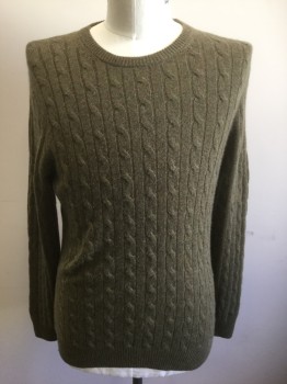Mens, Pullover Sweater, J CREW, Olive Green, Cashmere, Cable Knit, Solid, L, Long Sleeves, Crew Neck