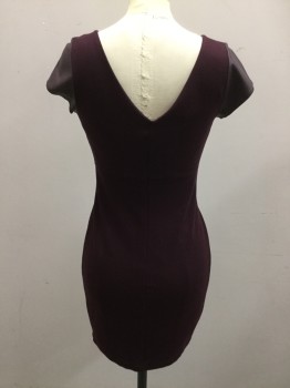 BAILEY 44, Maroon Red, Rayon, Nylon, Color Blocking, Pullover, V-neck, Short Sleeves, Bust Front and Sleeves Pleather, Body Knit,