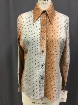 Womens, Blouse, N/L, Gray, Rust Orange, Black, White, Polyester, Ombre, Dots, M, Button Front, Collar Attached, Long Sleeves, Spray Pain Vertical Stripes