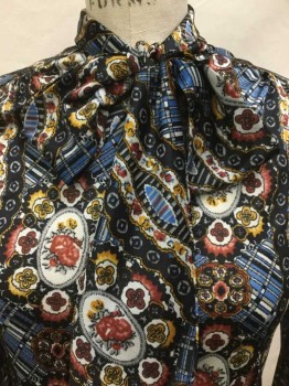 Womens, Blouse, ELLES BELLES, Black, Slate Blue, Brown, Dk Red, Goldenrod Yellow, Polyester, Floral, Abstract , 9-10, BLOUSE:  Black W/slate Blue, Gray, Brown, Reddish-brown, Goldenrod, Flower Abstract Print, Collar Attached W/self Tie-neck, Button Front, Long Sleeves, Spa