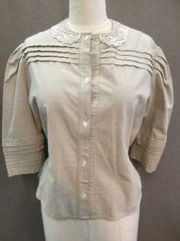 N/L, Beige, Cream, Cotton, Lace, Stripes - Micro, Solid, 3/4 Sleeve, Button Front, Cream Lace Peter Pan Collar, 4 Horizontal 1/2" Pleats Across Bust and Upper Back, Pleated Cuffs, Puffy Sleeves with Pleating At Shoulders, Elastic At Sides Of Waist, Made To Order,