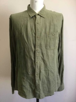 WALLIN & BROS, Olive Green, Linen, Solid, Long Sleeve Button Front, Collar Attached, 1 Pocket