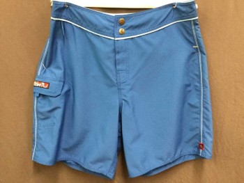 Mens, Swim Trunks, QUICKSILVER, Teal Blue, Baby Blue, Polyester, Solid, 32, Teal Blue W/baby Blue Piping Trim Along Waistband, Velcro Front with 2 Brass Buttons, 1 Side Pocket W/flap & Velcro